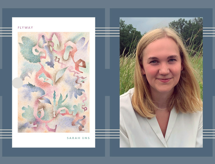 Book cover of Flyway by Sarah Ens and photo of Sarah Ens over a grey blue background 